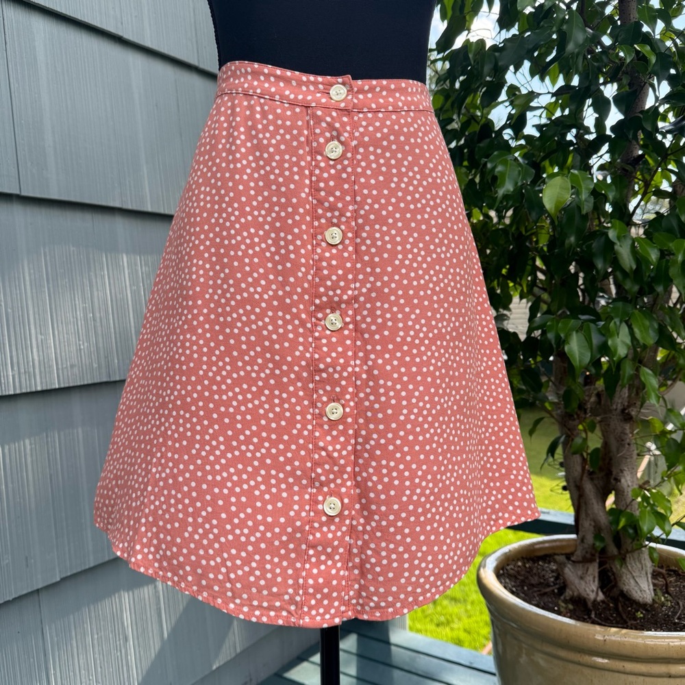 vintage GAP polka dot silky button down circle mini skirt, peach orange white, 6 - Picture 3 of 9